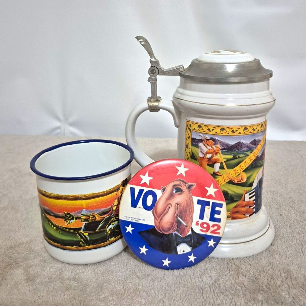 Vintage Joe Camel Lot 1994 Collector Stein 1993 Fish Game Mug Vote 92 Pin